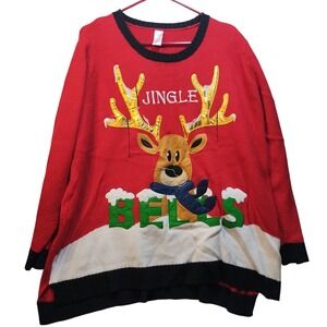 Holiday Time Womens Red Jingle Bells Reindeer Ugly Christmas Sweater 3X